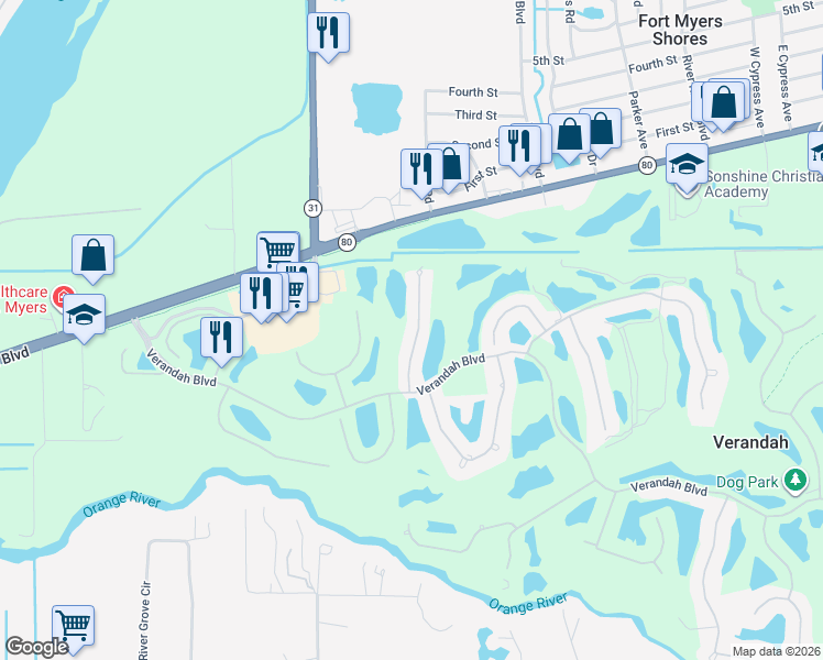 map of restaurants, bars, coffee shops, grocery stores, and more near 3020 Meandering Way in Fort Myers
