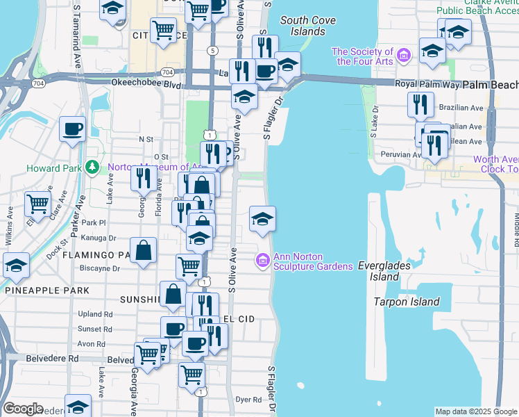 map of restaurants, bars, coffee shops, grocery stores, and more near 1701 South Flagler Drive in West Palm Beach