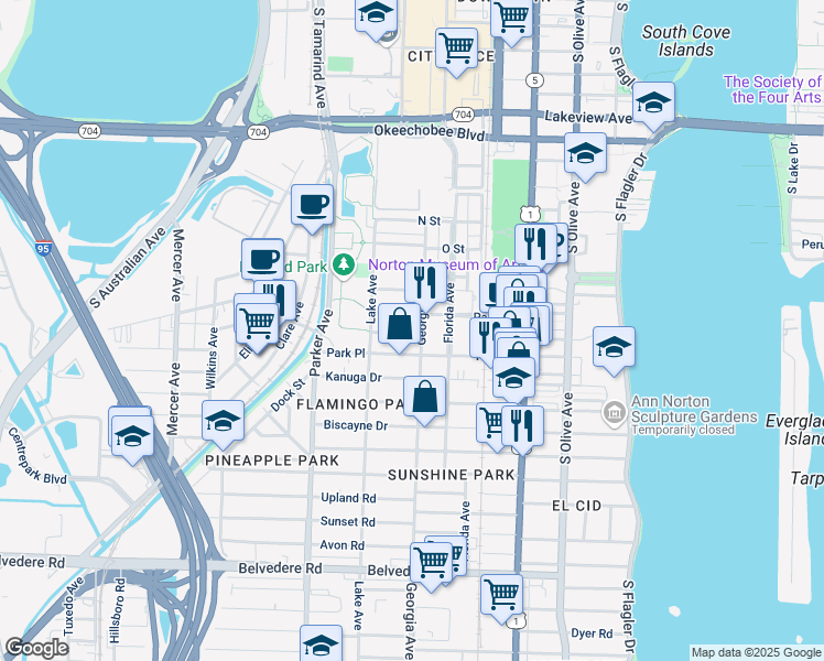 map of restaurants, bars, coffee shops, grocery stores, and more near 626 Palm Street in West Palm Beach