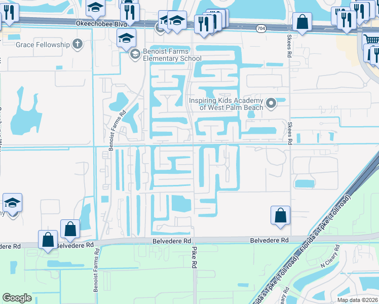 map of restaurants, bars, coffee shops, grocery stores, and more near 1475 Golden Lakes Boulevard in Royal Palm Beach