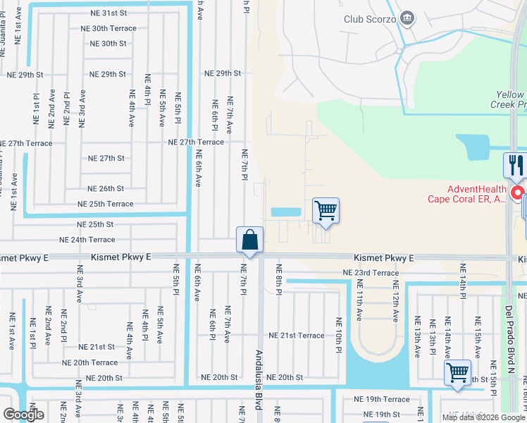 map of restaurants, bars, coffee shops, grocery stores, and more near 2508 Andalusia Boulevard in Cape Coral