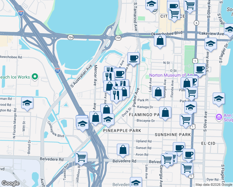 map of restaurants, bars, coffee shops, grocery stores, and more near 1300 Elizabeth Avenue in West Palm Beach