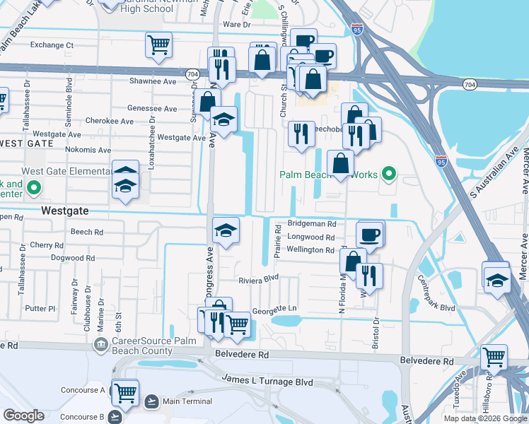 map of restaurants, bars, coffee shops, grocery stores, and more near 1501 Manor Avenue in West Palm Beach