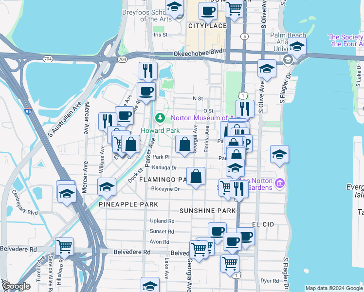 map of restaurants, bars, coffee shops, grocery stores, and more near 730 Penn Street in West Palm Beach
