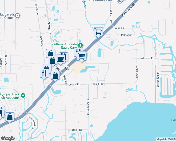 map of restaurants, bars, coffee shops, grocery stores, and more near 1011 Donald Road in North Fort Myers