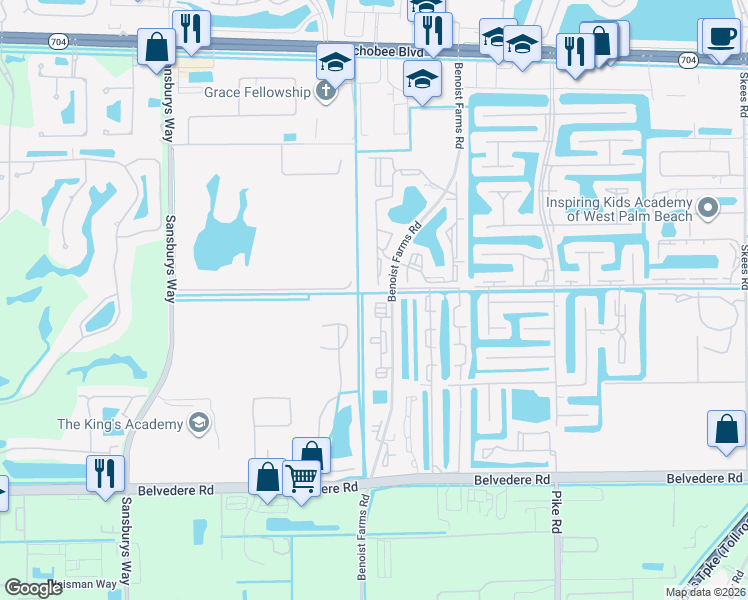 map of restaurants, bars, coffee shops, grocery stores, and more near 1239 Benoist Farms Road in Royal Palm Beach