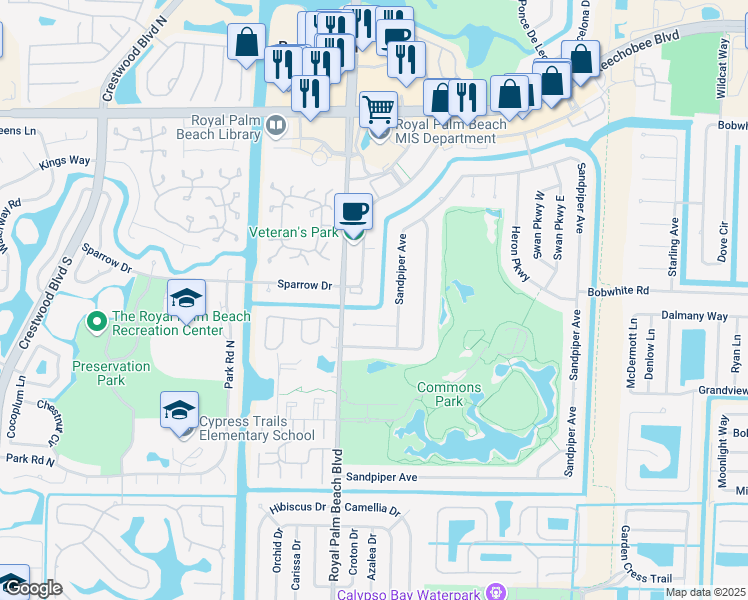 map of restaurants, bars, coffee shops, grocery stores, and more near 371 Sandpiper Avenue in Royal Palm Beach