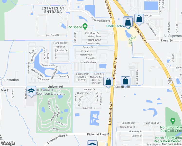 map of restaurants, bars, coffee shops, grocery stores, and more near 45 Nyborg Avenue in North Fort Myers