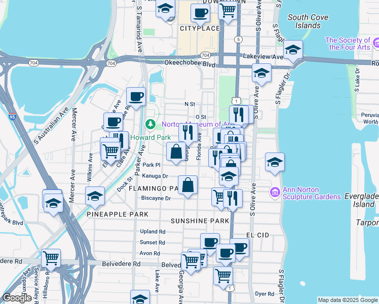 map of restaurants, bars, coffee shops, grocery stores, and more near 626 Palm Street in West Palm Beach