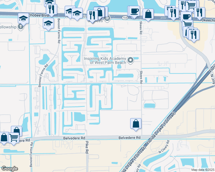 map of restaurants, bars, coffee shops, grocery stores, and more near 100 Lake Meryl Drive in West Palm Beach