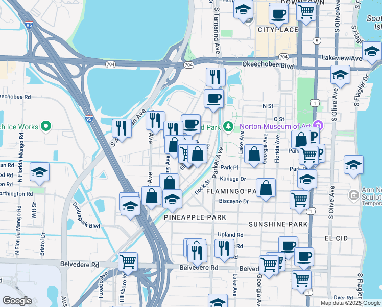 map of restaurants, bars, coffee shops, grocery stores, and more near 1300 Elizabeth Avenue in West Palm Beach