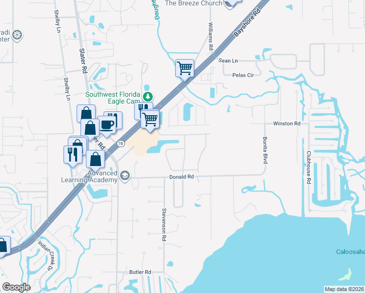 map of restaurants, bars, coffee shops, grocery stores, and more near 1011 Donald Road in North Fort Myers