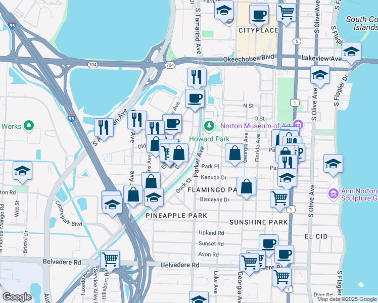 map of restaurants, bars, coffee shops, grocery stores, and more near 1304 Clare Avenue in West Palm Beach
