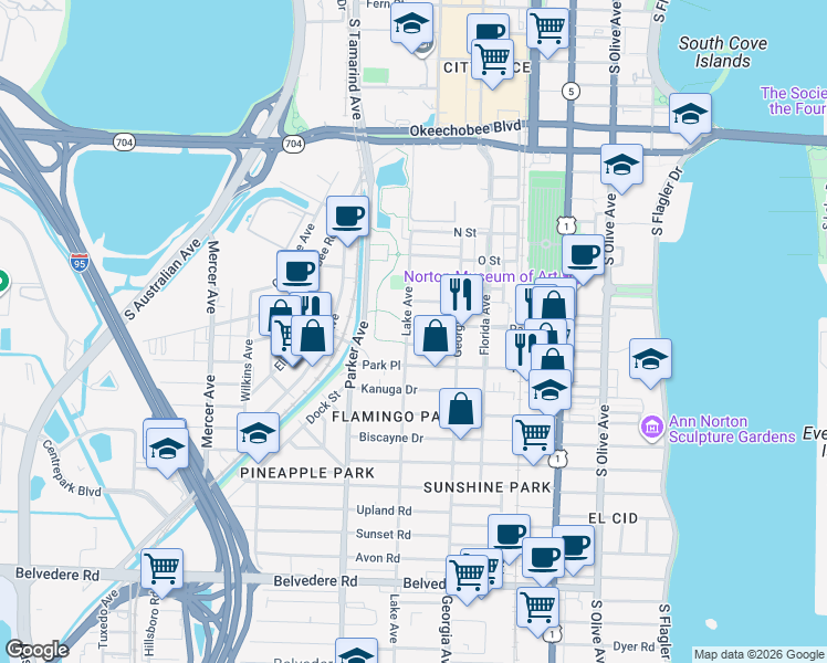map of restaurants, bars, coffee shops, grocery stores, and more near 1608 Lake Avenue in West Palm Beach