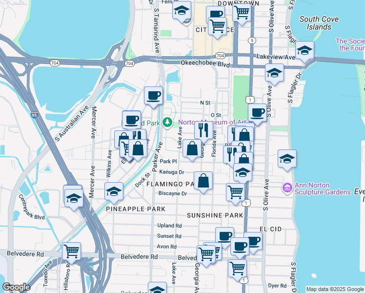 map of restaurants, bars, coffee shops, grocery stores, and more near 730 Penn Street in West Palm Beach