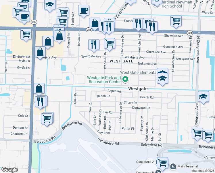 map of restaurants, bars, coffee shops, grocery stores, and more near 3826 Oswego Avenue in West Palm Beach