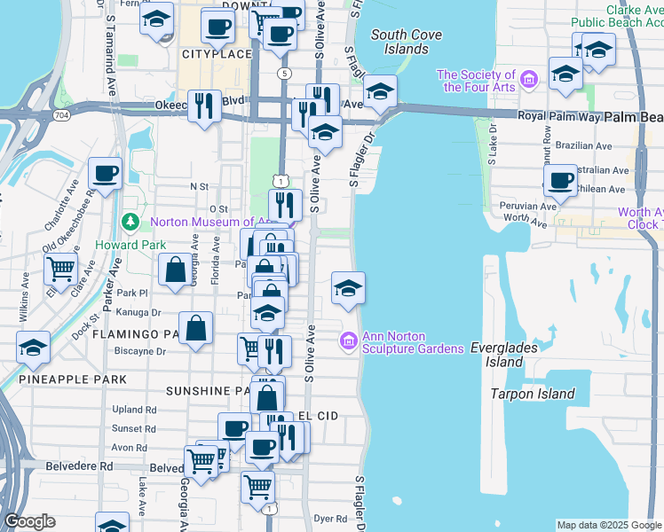 map of restaurants, bars, coffee shops, grocery stores, and more near 295 Queens Court in West Palm Beach