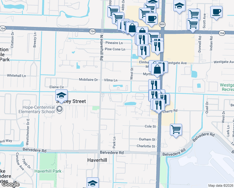 map of restaurants, bars, coffee shops, grocery stores, and more near Haverhill Commons Circle in West Palm Beach