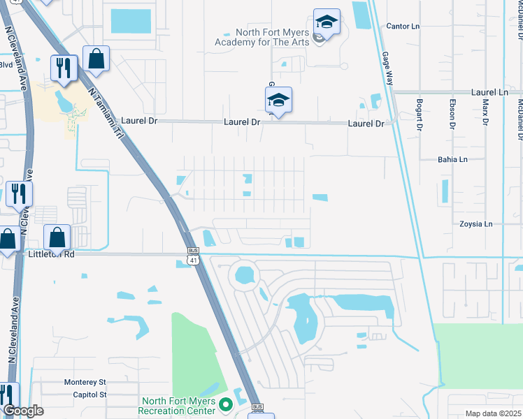 map of restaurants, bars, coffee shops, grocery stores, and more near 745 Easy Street in North Fort Myers