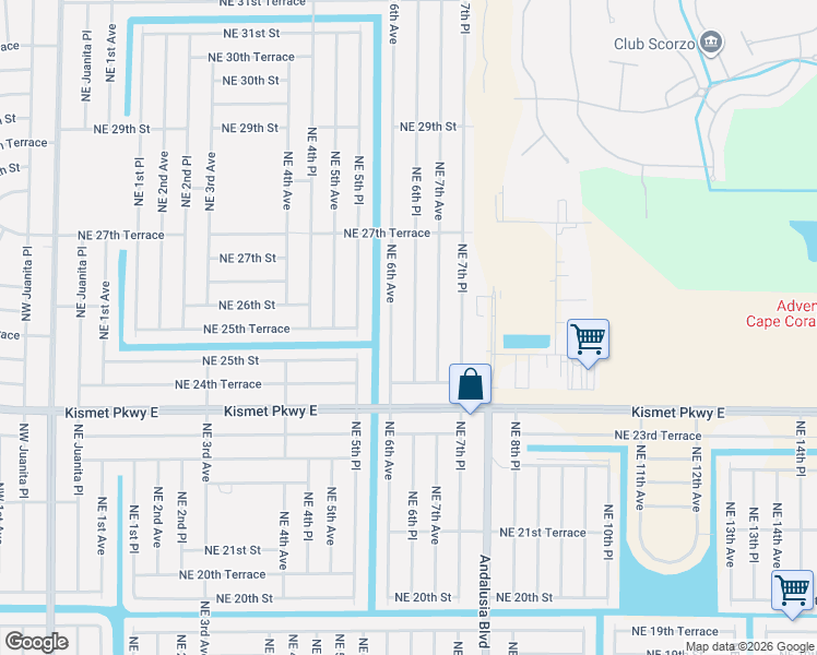 map of restaurants, bars, coffee shops, grocery stores, and more near 2530 Northeast 6th Place in Cape Coral
