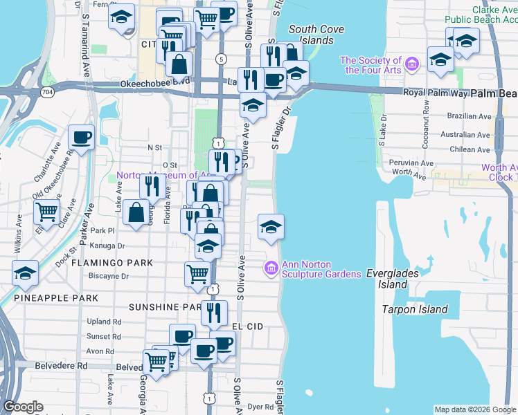 map of restaurants, bars, coffee shops, grocery stores, and more near 222 Arkona Court in West Palm Beach