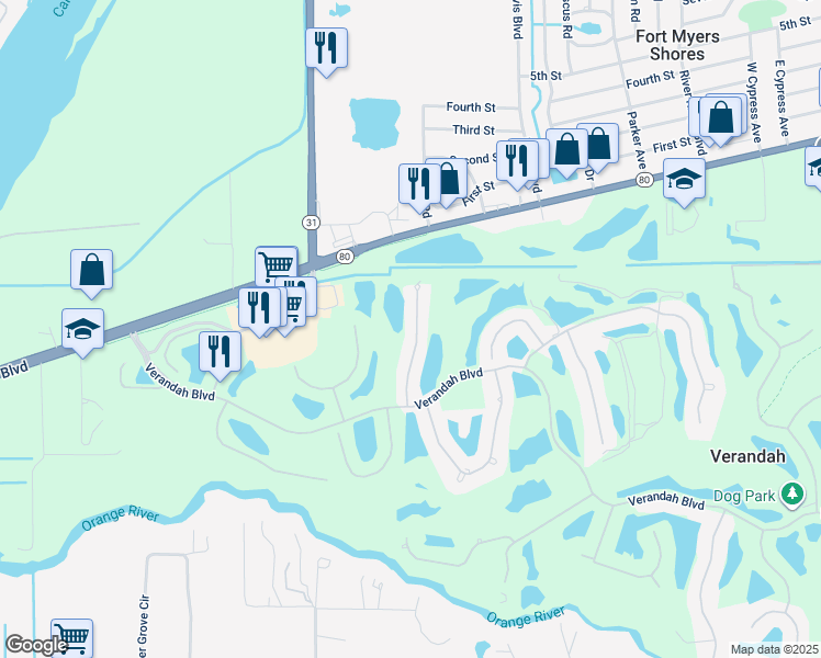 map of restaurants, bars, coffee shops, grocery stores, and more near 3051 Meandering Way in Fort Myers