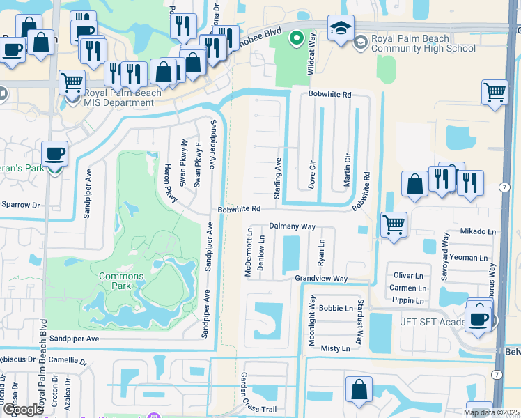 map of restaurants, bars, coffee shops, grocery stores, and more near 125 Jay Court in Royal Palm Beach
