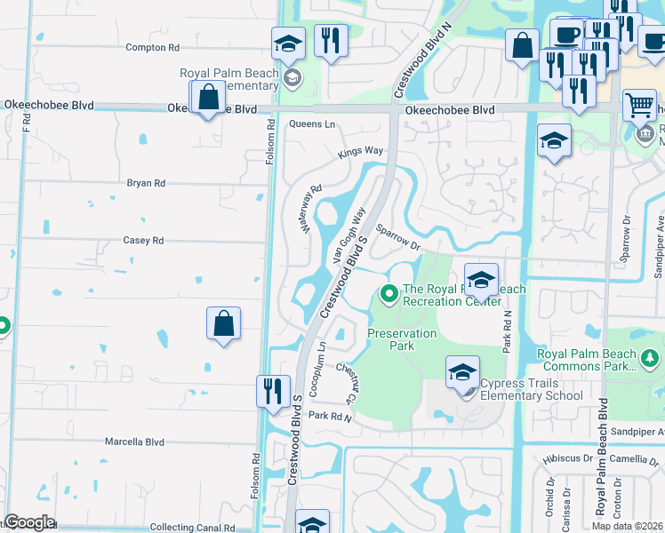 map of restaurants, bars, coffee shops, grocery stores, and more near 133 Van Gogh Way in Royal Palm Beach