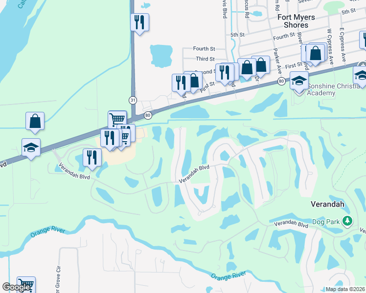 map of restaurants, bars, coffee shops, grocery stores, and more near 3050 Meandering Way in Fort Myers