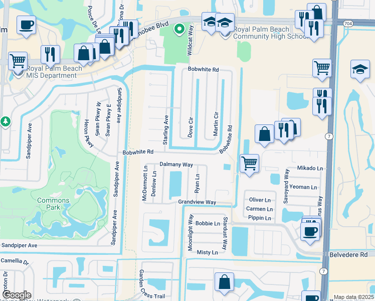map of restaurants, bars, coffee shops, grocery stores, and more near 132 Bobwhite Road in Royal Palm Beach