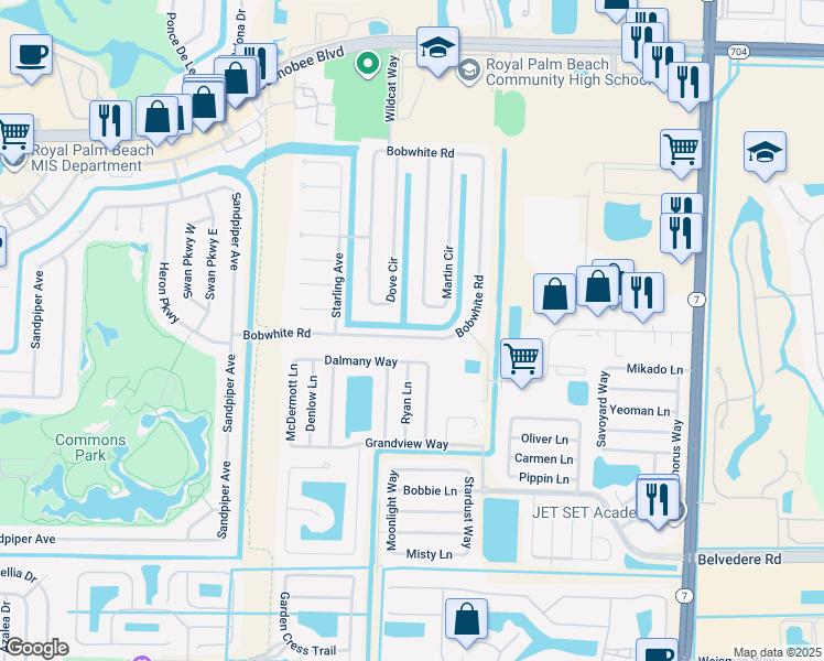 map of restaurants, bars, coffee shops, grocery stores, and more near 154 Martin Circle in Royal Palm Beach