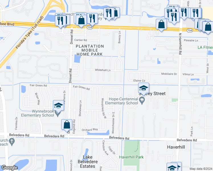 map of restaurants, bars, coffee shops, grocery stores, and more near 1485 North Woodcrest Road in West Palm Beach