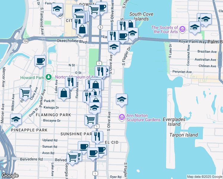 map of restaurants, bars, coffee shops, grocery stores, and more near 222 Arkona Court in West Palm Beach