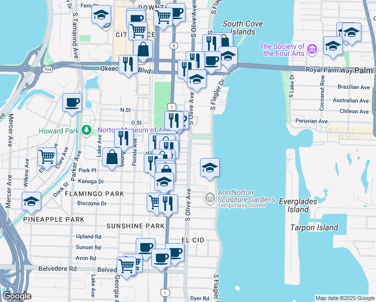 map of restaurants, bars, coffee shops, grocery stores, and more near 222 Arkona Court in West Palm Beach