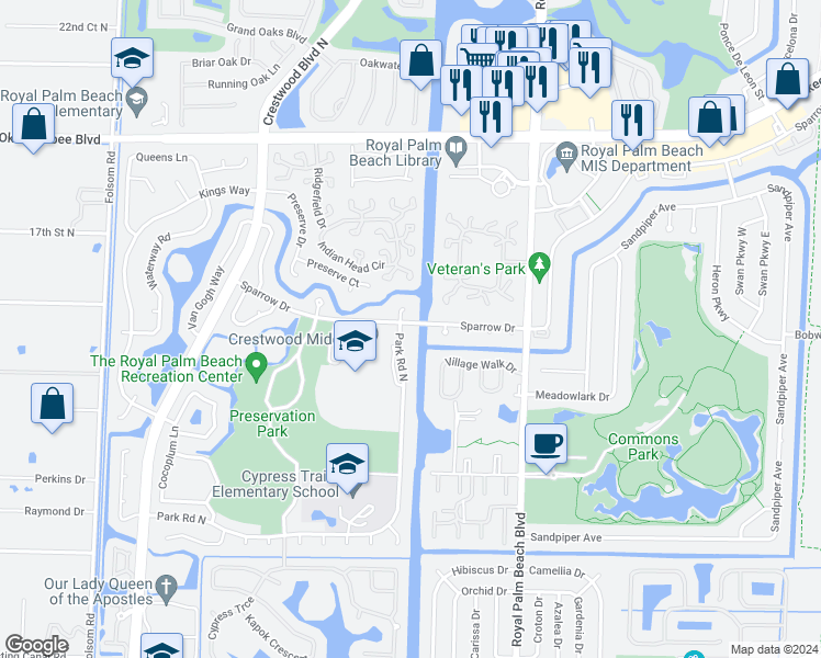 map of restaurants, bars, coffee shops, grocery stores, and more near 102 New Kent Court in Royal Palm Beach