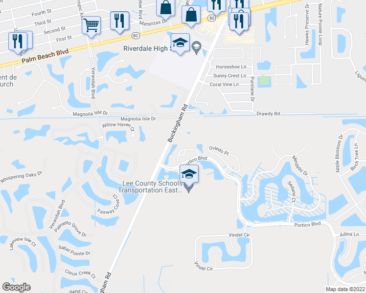 map of restaurants, bars, coffee shops, grocery stores, and more near 3150 Hampton Boulevard in Fort Myers