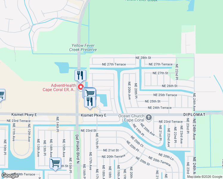 map of restaurants, bars, coffee shops, grocery stores, and more near 1807 Northeast 26th Street in Cape Coral