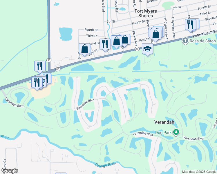 map of restaurants, bars, coffee shops, grocery stores, and more near 3151 Orangetree Bend in Fort Myers