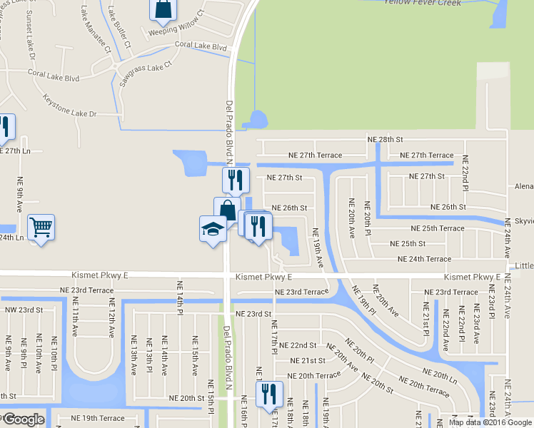 map of restaurants, bars, coffee shops, grocery stores, and more near 1709 Northeast 26th Street in Cape Coral