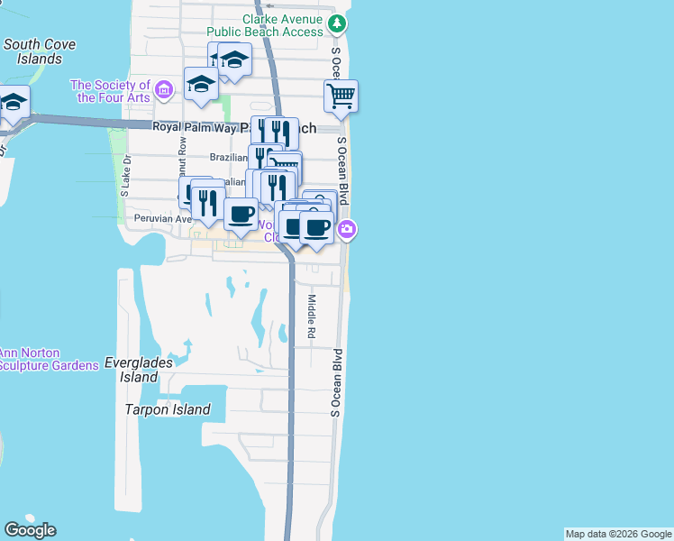 map of restaurants, bars, coffee shops, grocery stores, and more near 100 Worth Avenue in Palm Beach