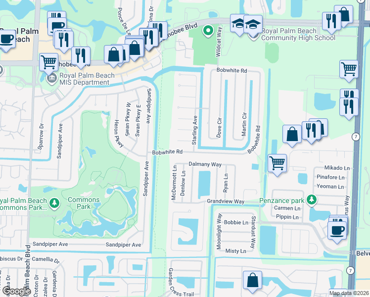map of restaurants, bars, coffee shops, grocery stores, and more near 115 Jay Court in Royal Palm Beach