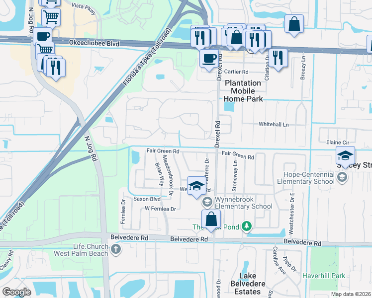 map of restaurants, bars, coffee shops, grocery stores, and more near 44 15th Court North in West Palm Beach