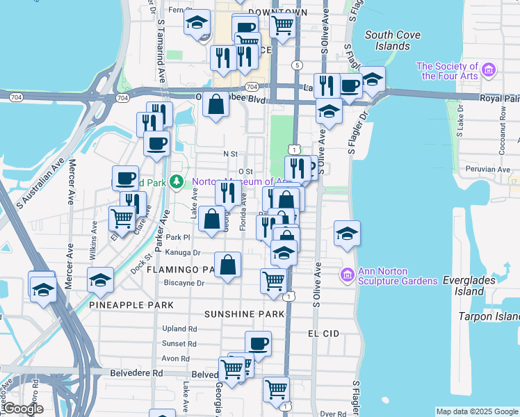 map of restaurants, bars, coffee shops, grocery stores, and more near 1504 Florida Avenue in West Palm Beach