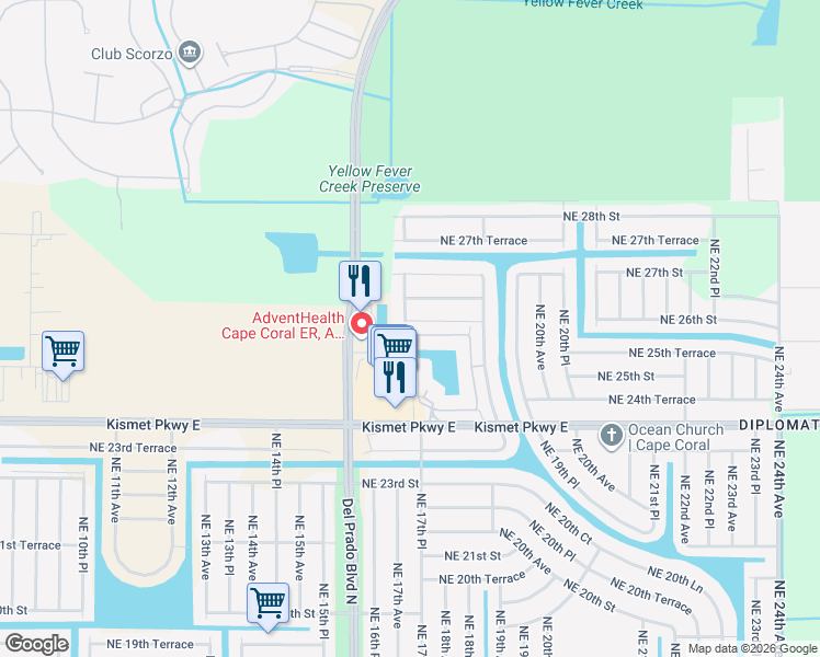 map of restaurants, bars, coffee shops, grocery stores, and more near 1709 Northeast 26th Street in Cape Coral