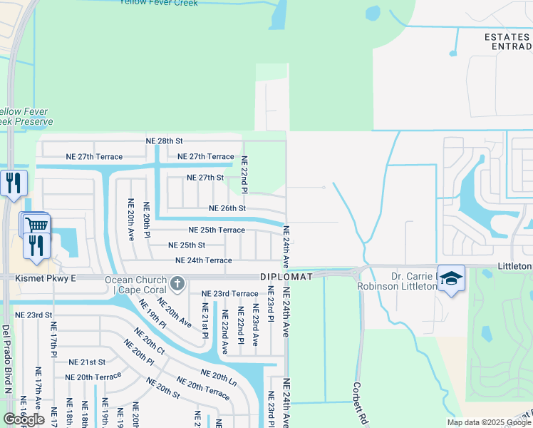 map of restaurants, bars, coffee shops, grocery stores, and more near 2319 Northeast 26th Street in Cape Coral