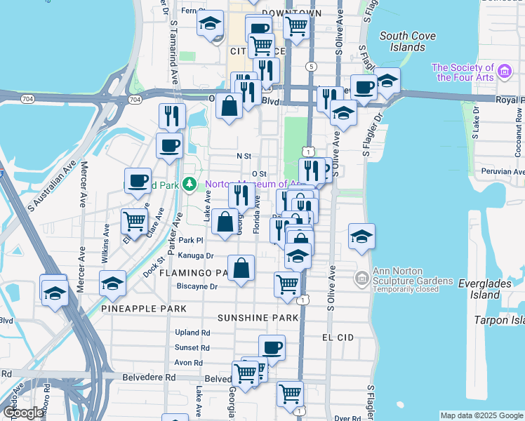 map of restaurants, bars, coffee shops, grocery stores, and more near 1504 Florida Avenue in West Palm Beach