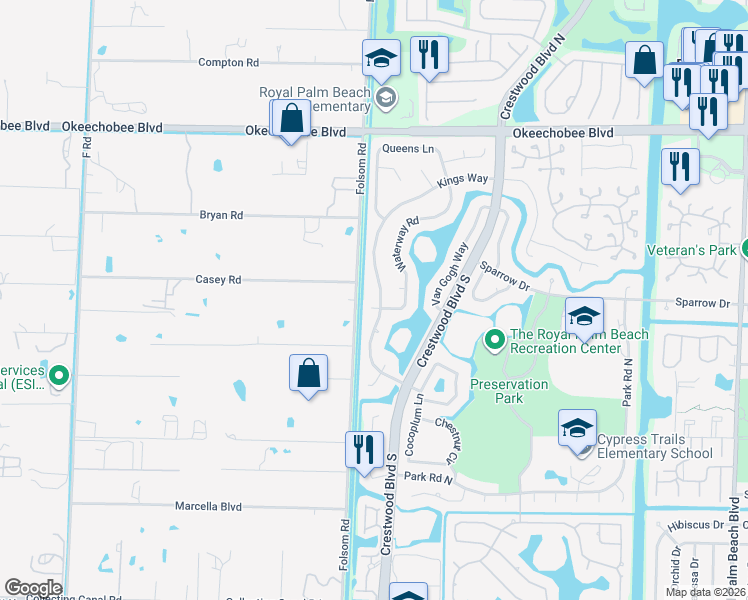 map of restaurants, bars, coffee shops, grocery stores, and more near 100 Princeton Court in Royal Palm Beach