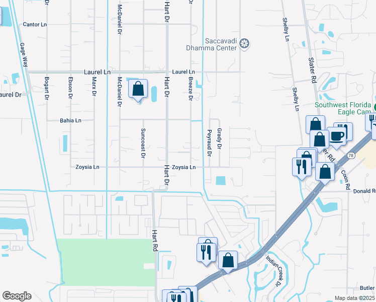 map of restaurants, bars, coffee shops, grocery stores, and more near 7598 Breeze Drive in North Fort Myers