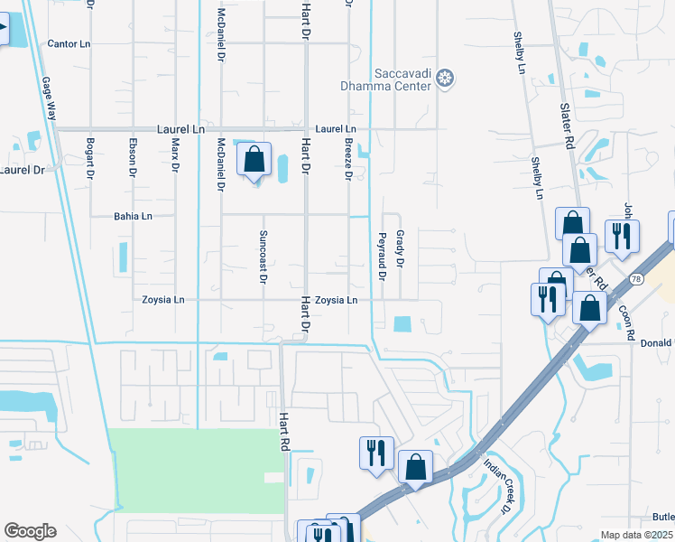 map of restaurants, bars, coffee shops, grocery stores, and more near 7598 Breeze Drive in North Fort Myers