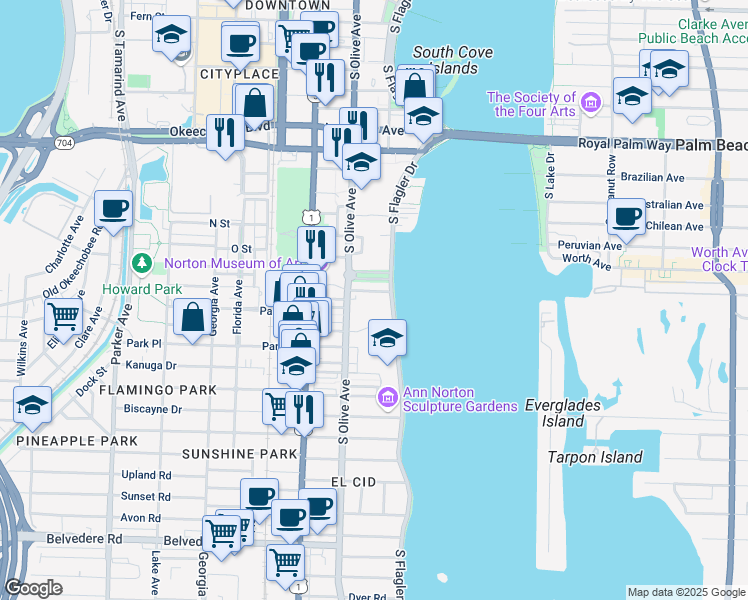 map of restaurants, bars, coffee shops, grocery stores, and more near 1501 South Flagler Drive in West Palm Beach